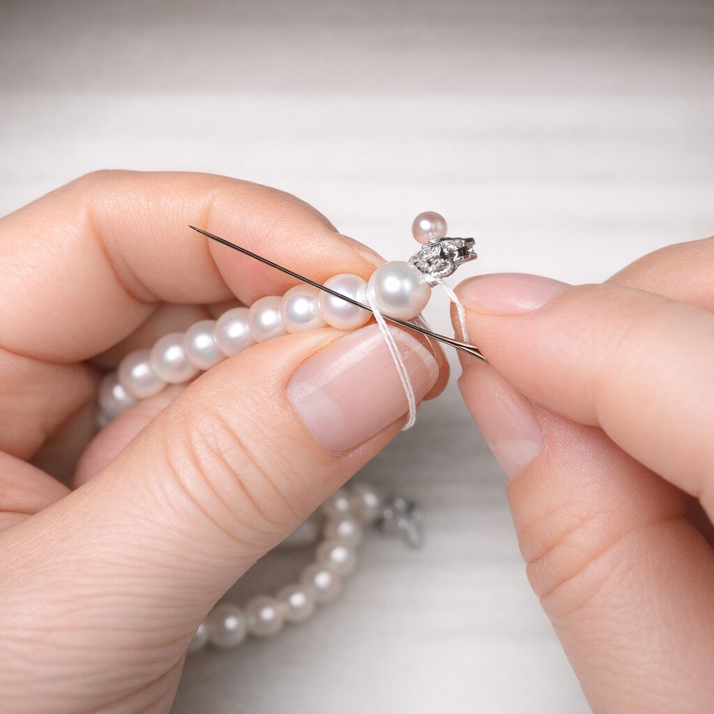 パールネックレス　糸替え　作業
